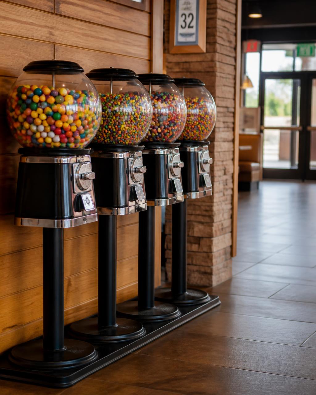 Bulk candy and gumball machines in a family restaurant entryway
