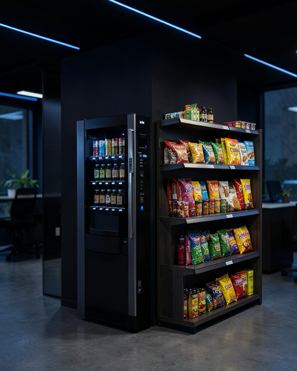 Modern coffee vending machine beside a self service micro market shelf in an office break area