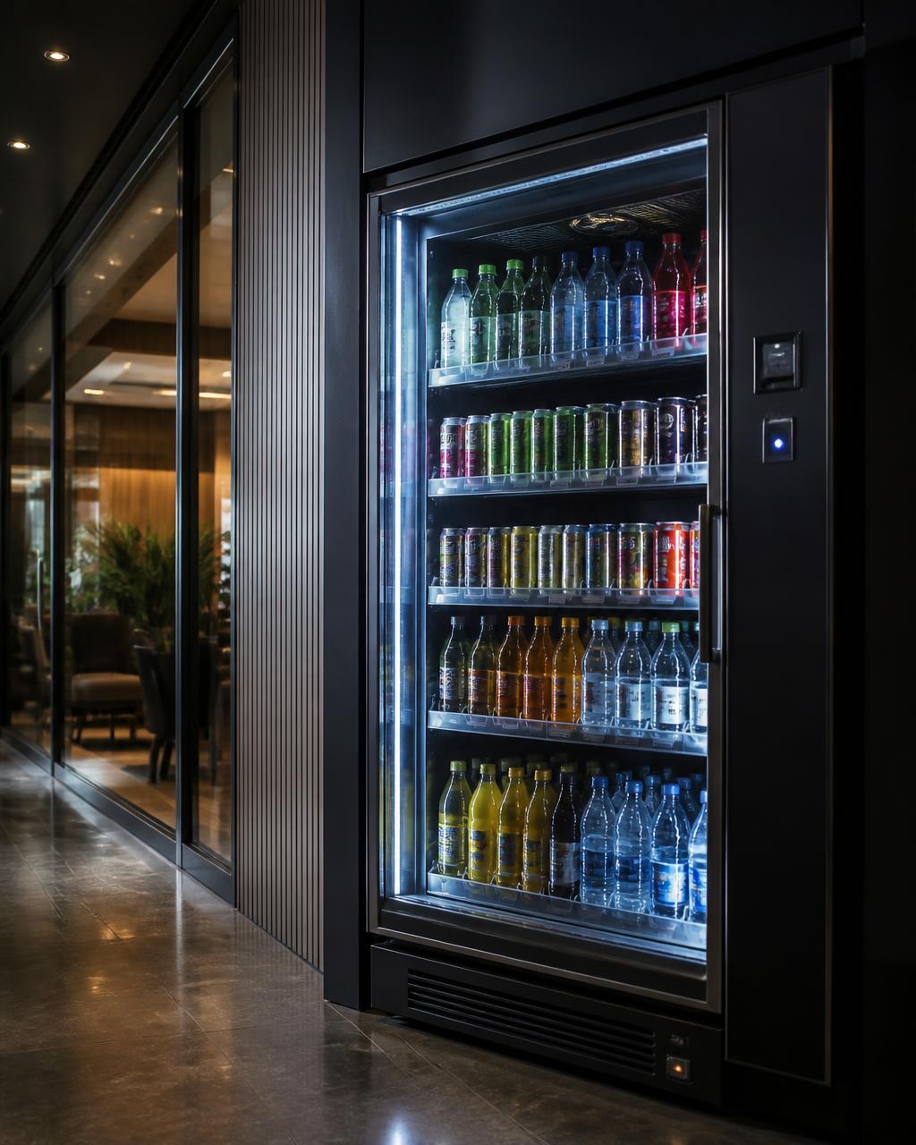 Cold drink vending machine in a modern business lobby