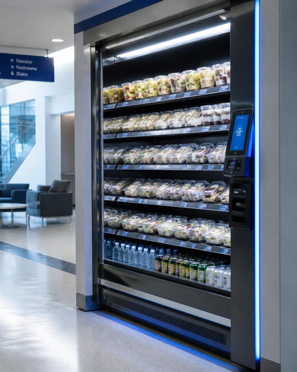 Refrigerated fresh food vending machine in a hospital common area