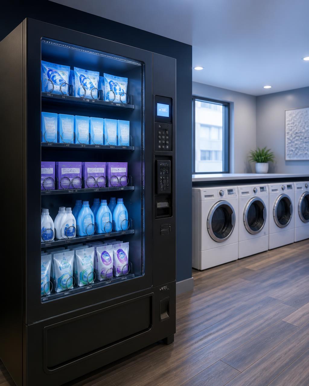 Laundry product vending machine in an apartment community laundry room