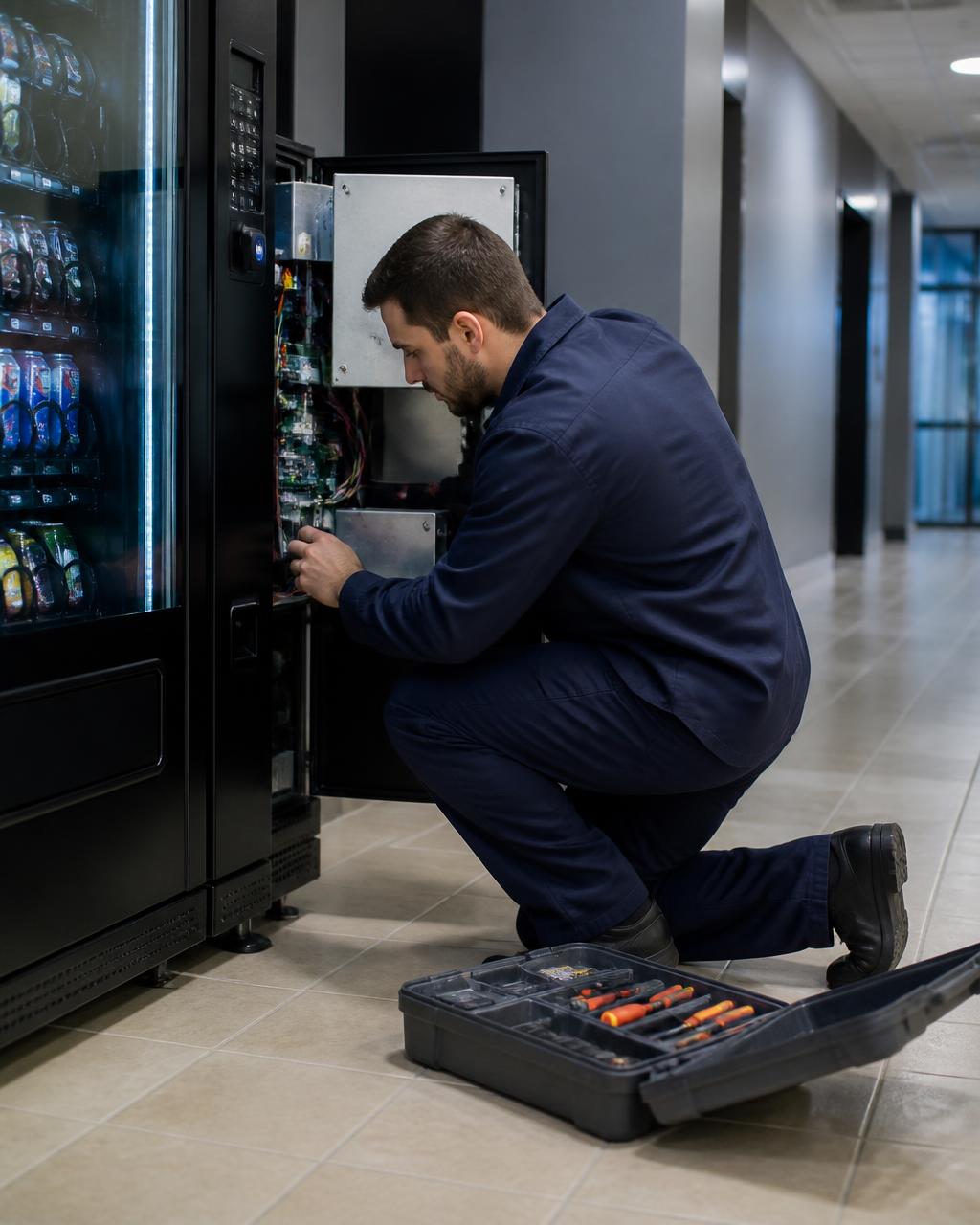 Technician servicing the open panel of a vending machine in a business hallway