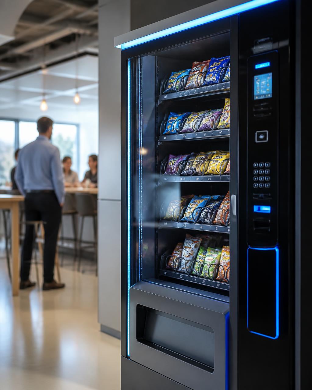 Snack vending machine installed in a corporate office break room