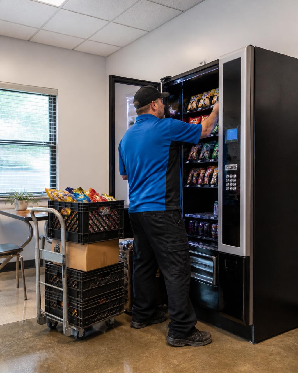A JTB Enterprise Group route driver restocking a vending machine in a breakroom